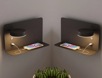 Set van 2 LED wandlampen met planchet, draaibare verlichting en usb aansluiting zwart 